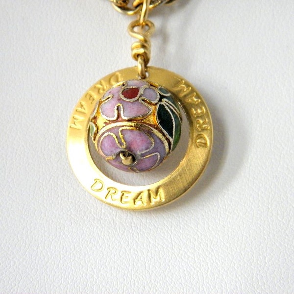 Dream Affirmation Necklace, Cloisonne Bead, Inspiration, Postitive Intent, Energy, Brass Ring Pendant