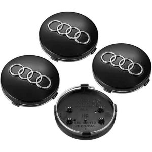 4x Audi 60mm svarta navkåpor med logotyp, fälgemblem 4B0601170