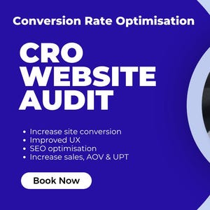Peut inclure: Image publicitaire pour un audit de site Web CRO. Le texte comprend "Conversion Rate Optimisation", "CRO WEBSITE AUDIT" et énumère les avantages. Une femme est dans un cadre circulaire. Le bouton "Book Now" est visible.