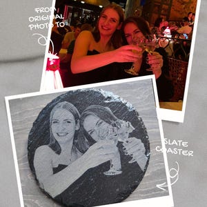May include: A black slate coaster with a personalized engraved image of two women toasting with glasses of wine. The text "Slate Coaster" is written on the coaster.