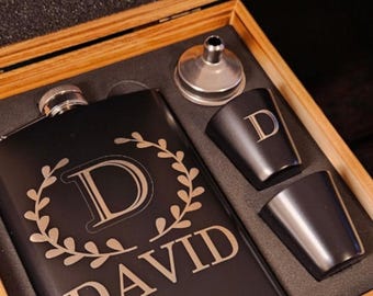 Personalized Flask with Wooden Box Set, Engraved Stainless Steel