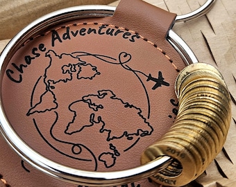Brown Leather Travel Keychain, Collect Memories, Chase Adventures, World Map Token Holder