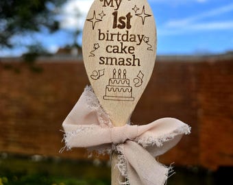 Wooden Spoon for 1st Birthday Cake Smash, 25cm Engraved Utensil