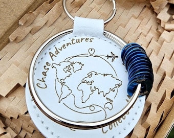 White Leather Travel Keychain, Collect Memories, Chase Adventures, World Map Token Holder
