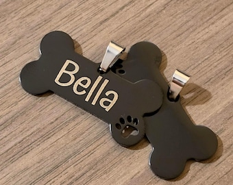 Dog Collar Personalized Pet ID Tag, Stainless Steel, Laser Engraved, Bone Deisgn with Paw