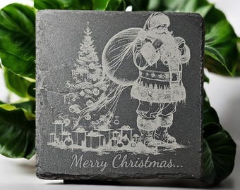 Engraved Christmas Slate Coaster, Santa Claus & Bauble Design