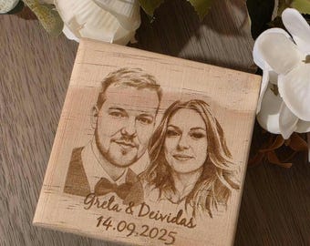 Customised Wooden Wedding Ring Box, Personalised Sketch Portrait Engraved