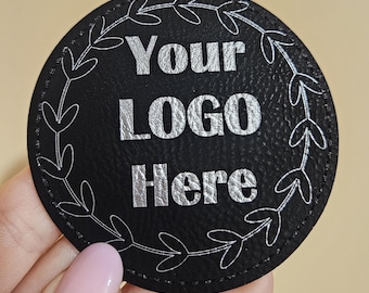 Custom PU Leather Patches, Personalized Logo, Silver on Black (2.5'' x 2.5'')