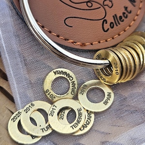 Pode incluir: Um porta-chaves com uma etiqueta de couro castanho e um anel prateado, contendo vários anéis de metal dourado. Os anéis são gravados com datas e nomes de lugares, incluindo "Canaria", "Espanha" e "Países Baixos".