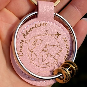 Pink Leather Travel Keychain, Collect Memories, Chase Adventures, World Map Token Holder