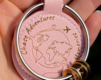 Pink Leather Travel Keychain, Collect Memories, Chase Adventures, World Map Token Holder