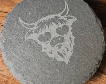 Engraved Slate Coaster, Highland Cow with Heart Glasses