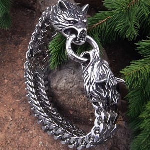 Stainless Steel Viking Bracelet: Odin Wolf Head, Nordic Jewelry