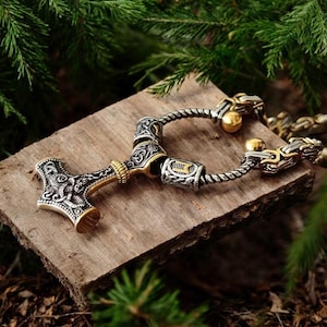 Viking Mjolnir Necklace Norse Thor Hammer Pendant Stainless Steel Gold Accents Chain Men’s Nordic Jewelry Talisman Amulet Gift Birthday Gift