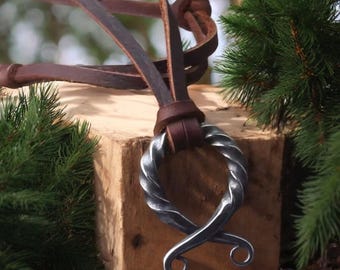 Forged Iron Viking Pendant: Handcrafted Norse Necklace with Leather Cord