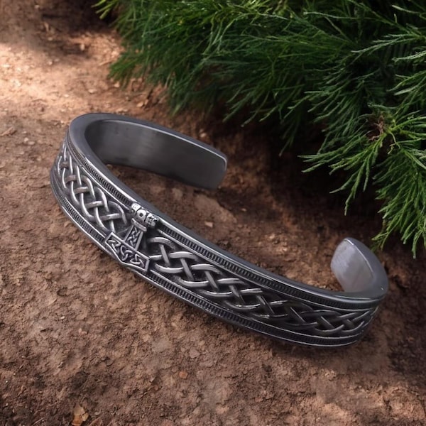 Handmade Stainless Steel Viking Bracelet: Norse Rune, Thor Hammer