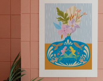 Mermaid Flower Vase Print, Modern Floral Illustration