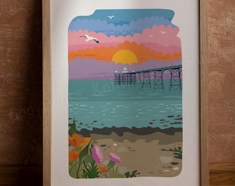 Clevedon Pier Art Print, Somerset Travel Poster, Coastal Wall Art (A4, A3)