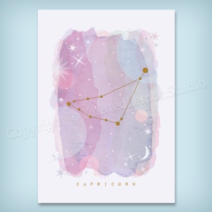 May include: A watercolor painting of the Capricorn constellation with gold stars and a crescent moon on a pink and purple background. The text "CAPRICORN" is written below the constellation.