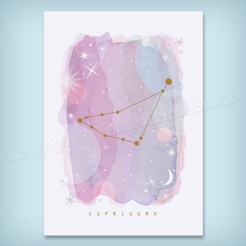 May include: A watercolor painting of the Capricorn constellation with gold stars and a crescent moon on a pink and purple background. The text "CAPRICORN" is written below the constellation.