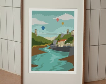 Bristol Illustration Art Print, Clifton Suspension Bridge, Hot Air Balloon