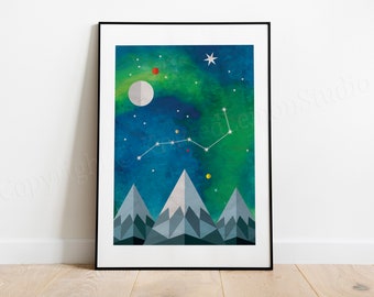 Polaris, Night Sky, Print, North Star, Big Dipper, Plough, Art, Northern Lights, Aurora, Astronomy, Gifts, Wall Art, Celestial, Map, A4, A3