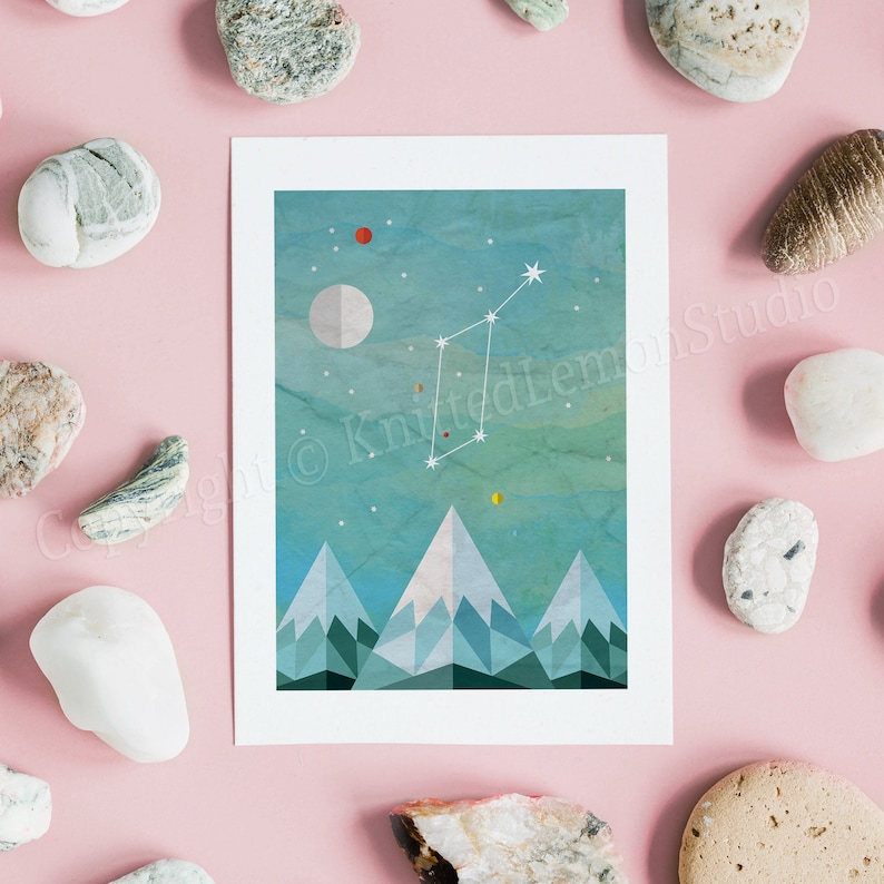 May include: A digital illustration of a constellation with a geometric mountain range in the foreground. The sky is a blue-green watercolour wash with white stars and a crescent moon. The constellation is a white outline of a geometric shape with a red star in the centre.