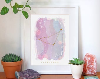 Capricorn Star Sign, Capricorn Zodiac Art Print, Astrology Gift, Capricorn Gifts, Horoscope Art, Constellation Poster, Decor, A4