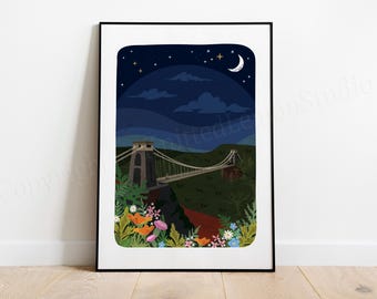 Clifton Suspension Bridge Art Print, Bristol Night Illustration