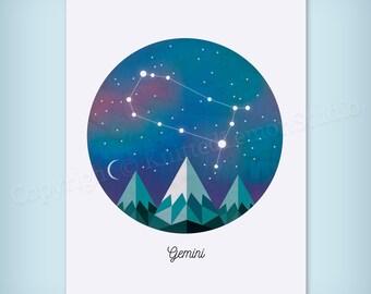 Gemini Print, Star Sign Print, Gemini Gifts, Horoscope Print, Zodiac Sign Gifts, Constellation Art, Astrology Gifts, Gemini Poster, Birthday