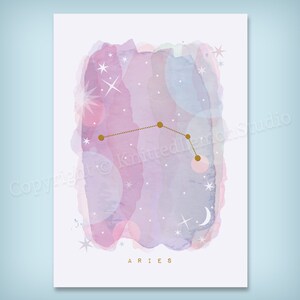 May include: A watercolor painting of the Aries constellation with gold stars and a crescent moon on a pink and purple background. The text "ARIES" is written in gold at the bottom of the image.
