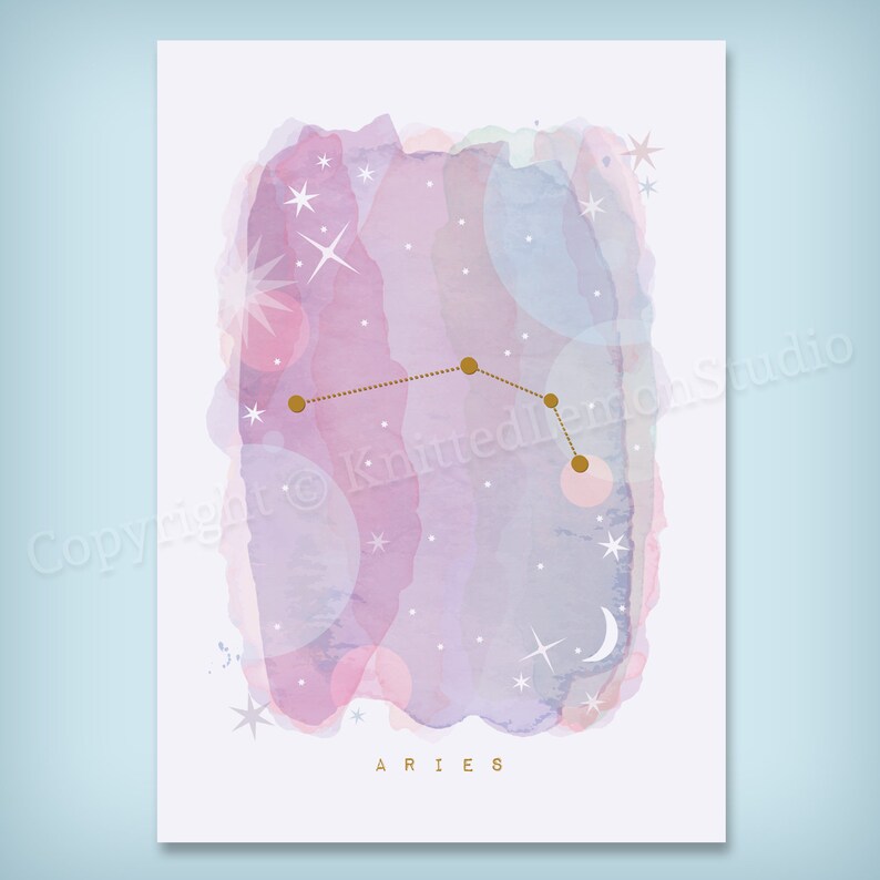 May include: A watercolor painting of the Aries constellation with gold stars and a crescent moon on a pink and purple background. The text "ARIES" is written in gold at the bottom of the image.