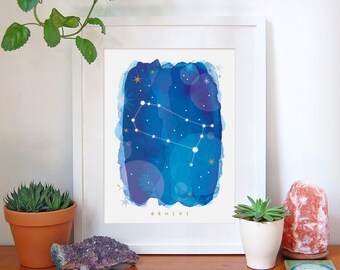 Gemini Constellation Art Print, Zodiac Astrology Gift, A4