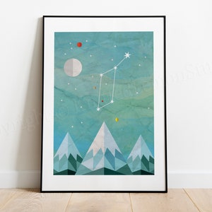 May include: A framed print depicting a constellation with a star pattern against a blue and green watercolour background. The constellation is surrounded by geometric mountains in shades of blue and green.