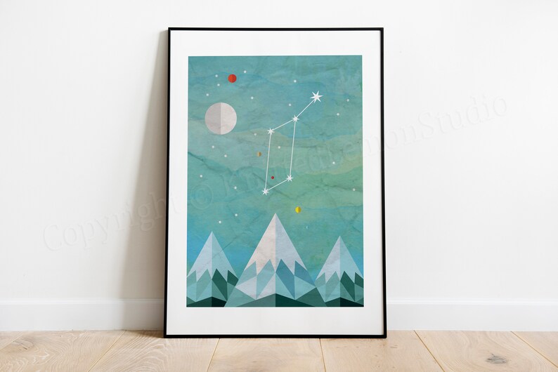 May include: A framed print depicting a constellation with a star pattern against a blue and green watercolour background. The constellation is surrounded by geometric mountains in shades of blue and green.