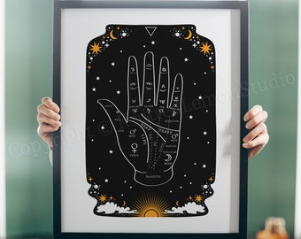Palmistry Hand Print, Celestial Fortune Telling Art, Boho Decor
