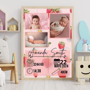 Strawberry Baby Girl Birth Stats Template - Editable Newborn Announcement - Fruit Theme - Digital Birth Poster for Girls - Instant Download