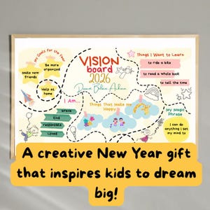 Puede incluir: Un colorido tablero de visión para 2026 con el texto "Sueña, Cree, Logra". Incluye secciones para metas, cosas que aprender y una frase mágica. El tablero está diseñado para inspirar a los niños, con el texto "¡Un regalo creativo de Año Nuevo que inspira a los niños a soñar en grande!"
