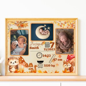 Puede incluir: Anuncio de nacimiento enmarcado con tres fotos de un recién nacido. El anuncio incluye el nombre del bebé, la fecha de nacimiento, la hora, el peso (3220 kg) y la longitud (47 cm). Ilustraciones con temática otoñal decoran el marco.