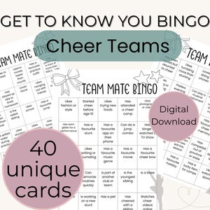 May include: Digital download of "Team Mate Bingo: Cheer Teams" with 40 unique cards. The bingo cards have various prompts related to cheerleading. The image includes text that says "Get to Know You Bingo".