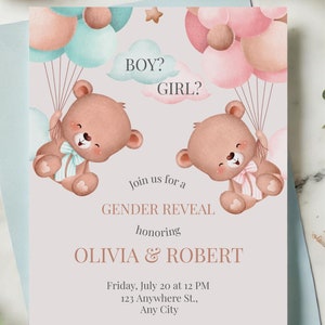 Faire-part de révélation de sexe modifiable | Modèle de carte de voeux bébé rose et bleu | Invitation numérique mignonne de partie | Garçon ou fille révélateur