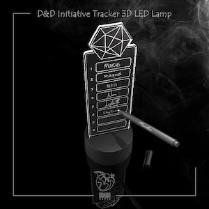 Può includere: Una lampada LED 3D nera a forma di dado D20 con un pannello in acrilico bianco che mostra un elenco di nomi per un gioco di Dungeons and Dragons. La lampada è su una base nera con un logo di drago.