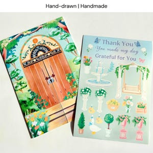 Carte de remerciement DIY Jardin secret créatif - Set de fleurs, bébé canard, arbres, feuille d'autocollants, enveloppe, décorez votre propre carte de voeux