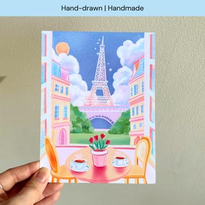 Vacation in Paris Coffee Shop | Hand drawn illustration & Handmade | Dreamy Romantic Art Print Postcard Wall decor | Parisian café wall art