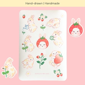Feuille d'autocollants mat mignon lapin fraise | Lapin kawaii doux pour jardin de fraises en croissance | Journal, agenda | Cadeau pour amoureux des animaux pour elle