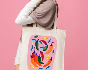 Hand-Illustrated Cotton Canvas Tote Bag, Sea Life, Cocktail, Beach Bag