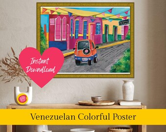 Póster de viaje a Venezuela: Paisaje urbano colorido de Cumaná, arte mural latinoamericano / Decoración imprimible vibrante para el hogar