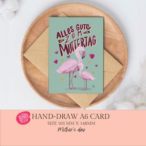 Muttertagskarte mit einer Flamingo Illustration und Blattgold Akzenten, Größe A6 in Deutsch Handlettering