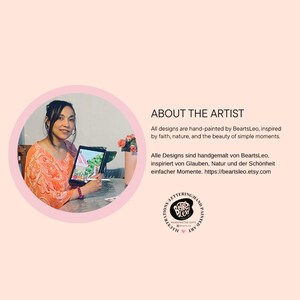 May include: A woman holding a tablet displaying a colorful illustration of a house and garden. The image includes the text "ABOUT THE ARTIST" and details about BeartsLeo's hand-painted designs, inspired by faith, nature, and simple moments.