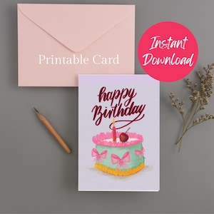 Cartão de aniversário para impressão bolo de coquete e cereja - Download digital - Cartão de felicitações - Imprimir em casa - Cartão de aniversário digital